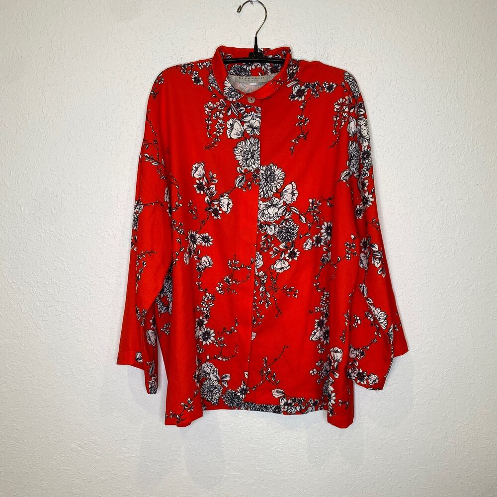 Bryn Walker Orange Red Floral Pants Set Button Down Blouse Crop Pants EUC Sz S/M